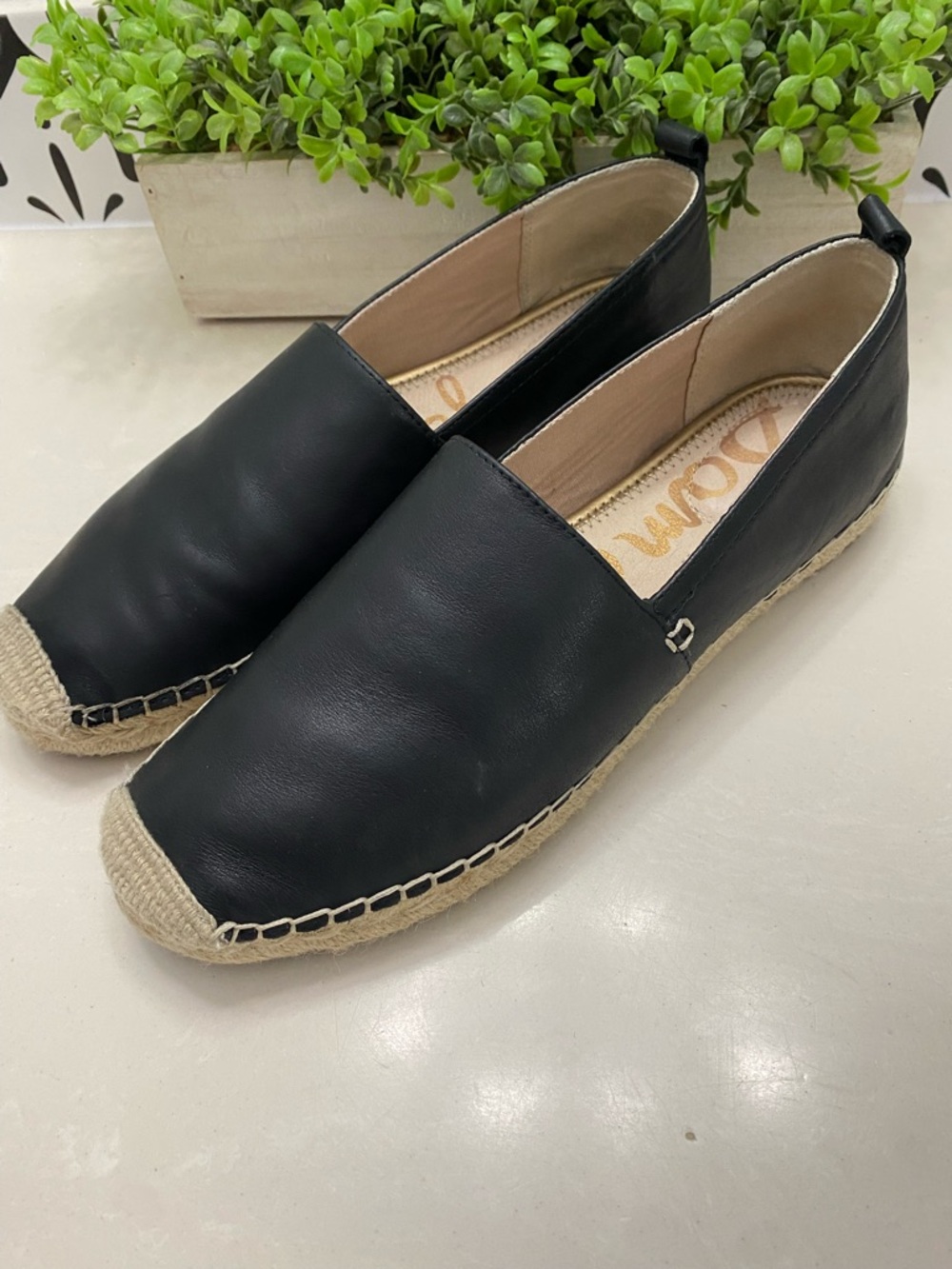 Sam Edelman Black Leather Espadrille Slip-on Flats Jute Size 10